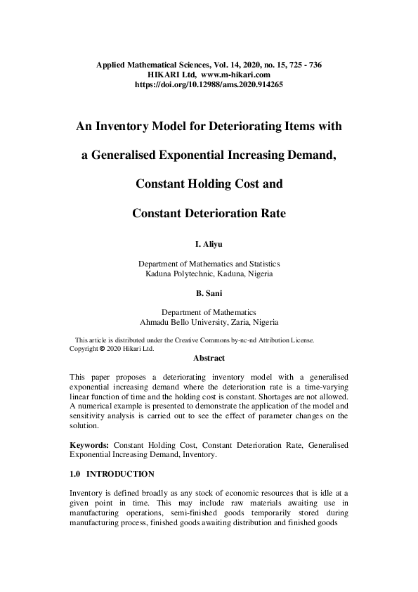 (PDF) An inventory model for deteriorating items with a generalised ...