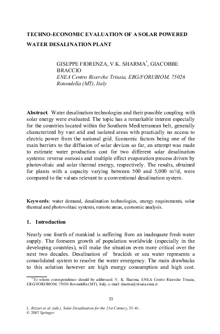 (PDF) Techno-economic evaluation of a solar powered water desalination ...