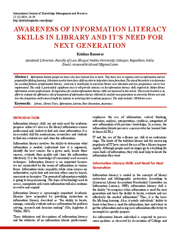 (PDF) AWARENESS OF INFORMATION LITERACY SKILLS IN LIBRARY AND IT'S NEED ...