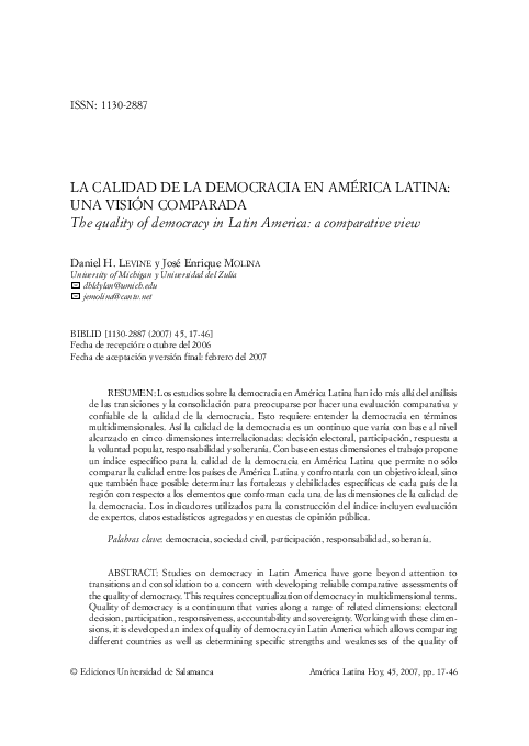 (PDF) La calidad de la democracia en América Latina: una visión comparada