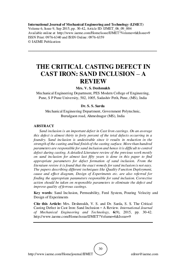 (PDF) The Critical Casting Defect in Cast Iron: Sand Inclusion - a Review