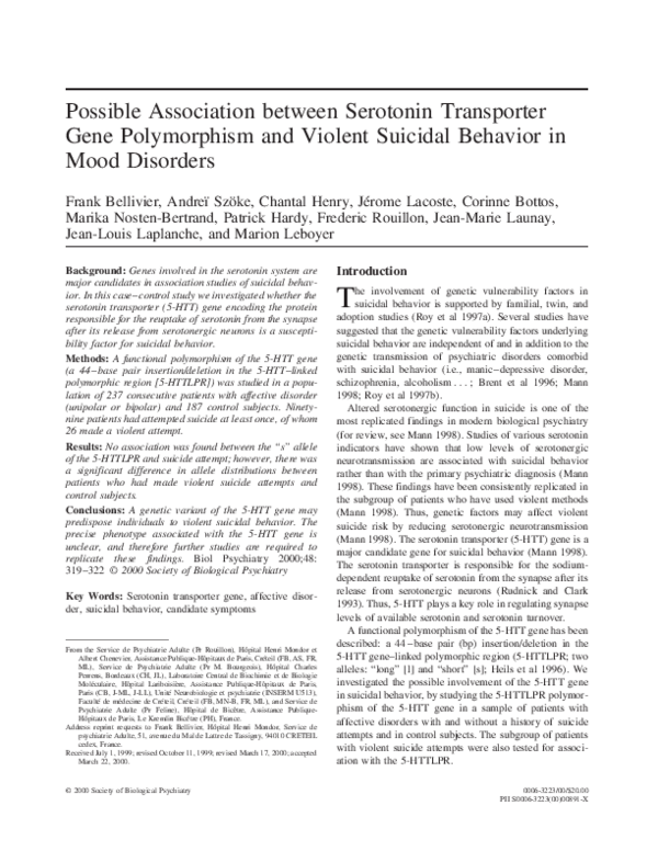 (PDF) Possible association between serotonin transporter gene ...