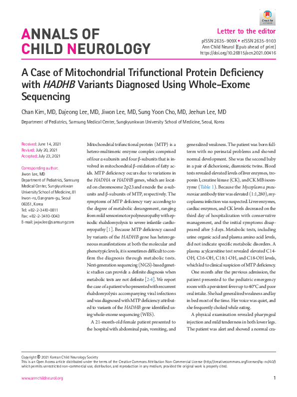 (PDF) A Case of Mitochondrial Trifunctional Protein Deficiency with ...