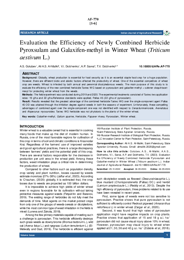 (PDF) Evaluation the Efficiency of Newly Combined Herbicide Pyroxsulam ...