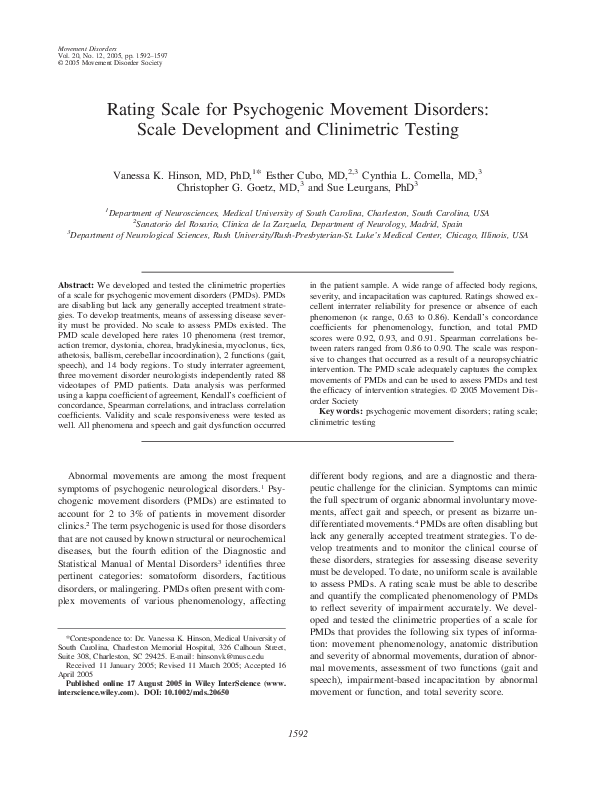 (PDF) Rating scale for psychogenic movement disorders: Scale ...