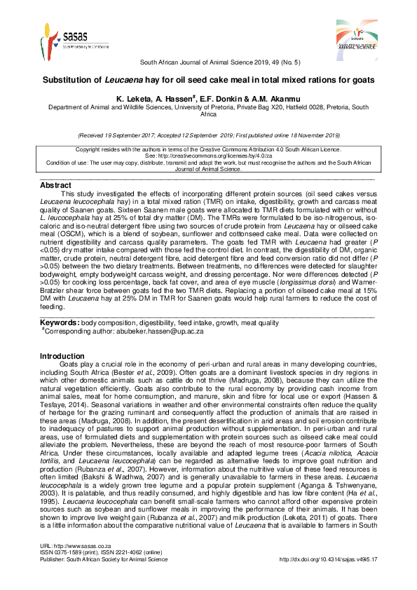 (PDF) Substitution of Leucaena hay for oil seed cake meal in total ...