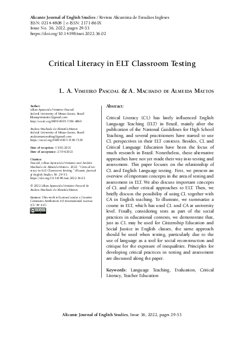 (PDF) Critical Literacy in ELT Classroom Testing