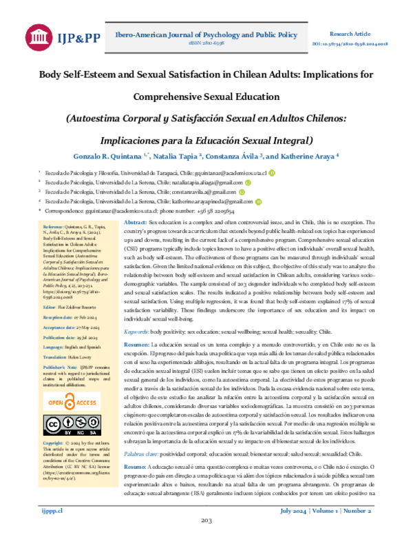 (PDF) Body Self-Esteem and Sexual Satisfaction in Chilean Adults ...