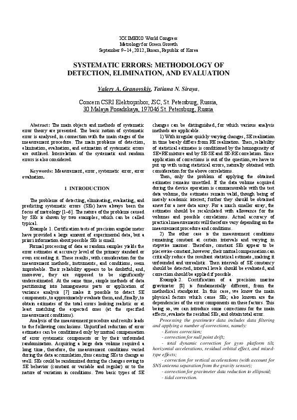 (PDF) Systematic Errors : Methodology of Detection , Elimination , and ...