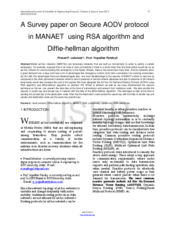 (PDF) A Survey paper on Secure AODV protocol in MANAET using RSA ...