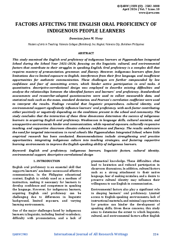 (PDF) FACTORS AFFECTING THE ENGLISH ORAL PROFICIENCY OF INDIGENOUS ...