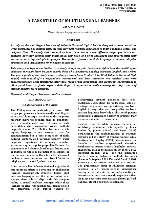 (PDF) A CASE STUDY OF MULTILINGUAL LEARNERS