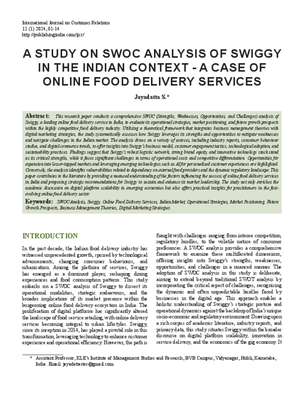 (PDF) A STUDY ON SWOC ANALYSIS OF SWIGGY IN THE INDIAN CONTEXT -A CASE ...