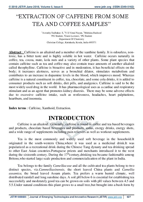 (PDF) Extraction of Caffeine from Some Tea and Coffee Samples