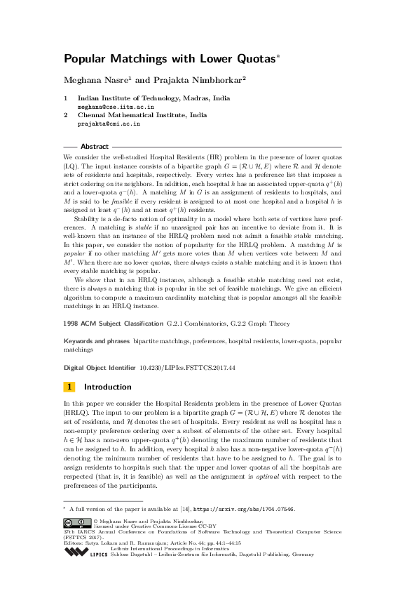 (PDF) Popular Matchings with Lower Quotas