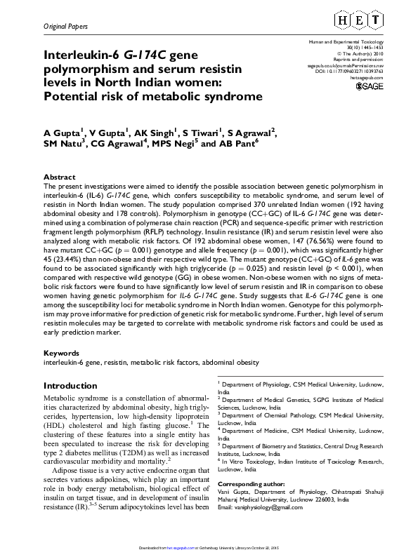 (PDF) Interleukin-6 G-174C gene polymorphism and serum resistin levels ...