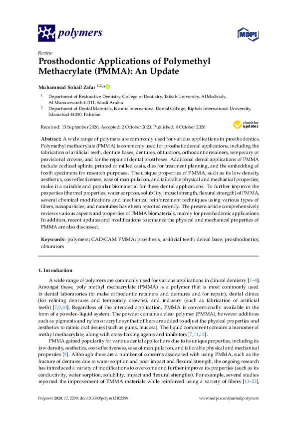 (PDF) Prosthodontic Applications of Polymethyl Methacrylate (PMMA): An ...