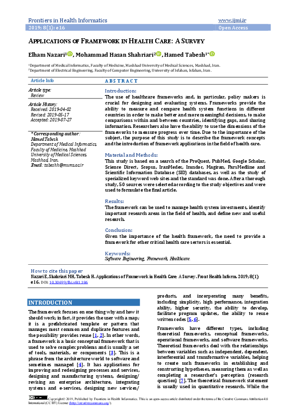 (PDF) Applications of Framework In Health Care: A Survey