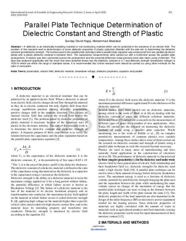 (PDF) Parallel Plate Technique Determination of Dielectric Constant and ...