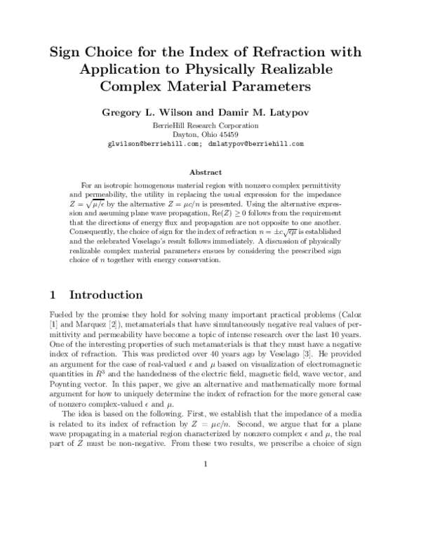 (PDF) Sign choice for the index of refraction for arbitrary complex ...