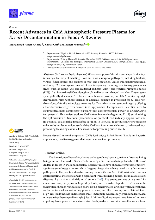 (PDF) Recent Advances in Cold Atmospheric Pressure Plasma for E. coli ...