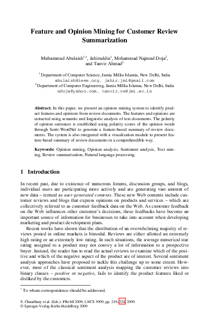 (PDF) Feature and Opinion Mining for Customer Review Summarization