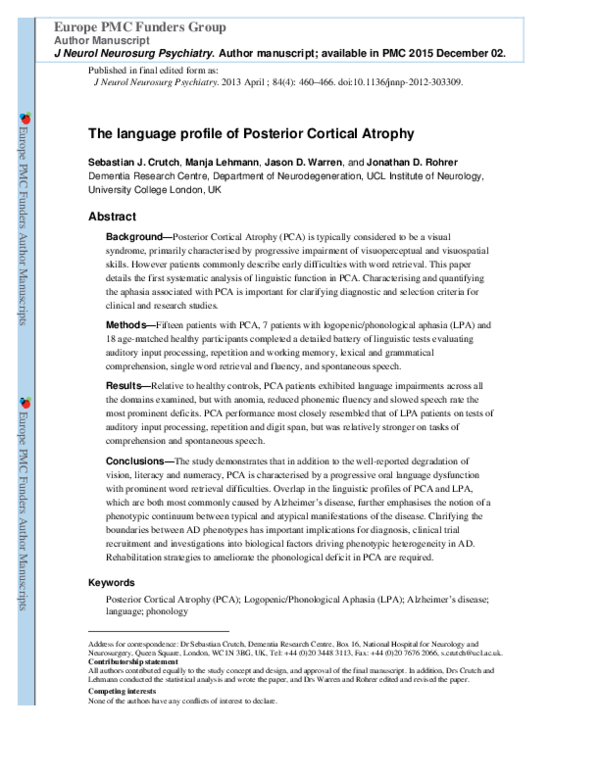 (PDF) The language profile of posterior cortical atrophy