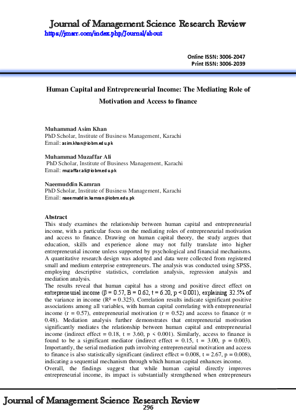 (PDF) Human Capital and Entrepreneurial Income: The Mediating Role of ...