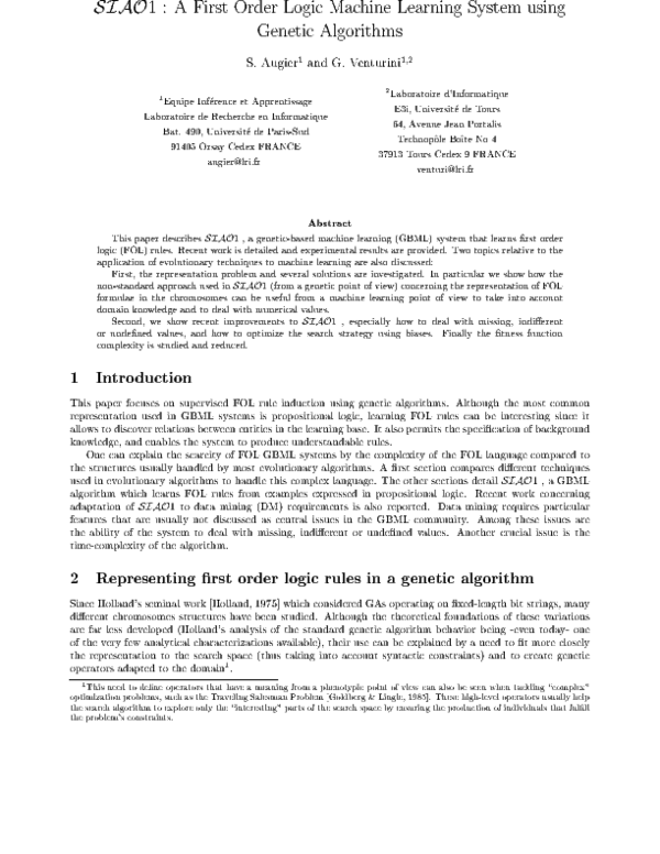 (PDF) SIAO 1 : A First Order Logic Machine Learning System usingGenetic