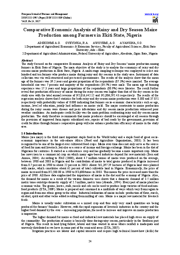 (PDF) Comparative Economic Analysis of Rainy and Dry Season Maize ...
