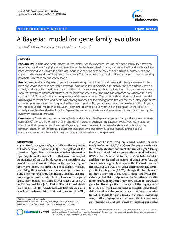 (PDF) A Bayesian model for gene family evolution