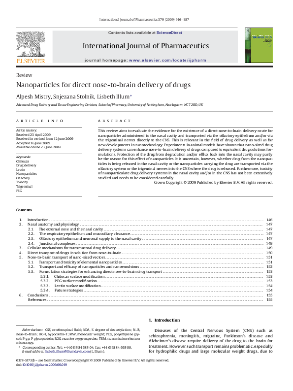 (PDF) Nanoparticles for direct nose-to-brain delivery of drugs