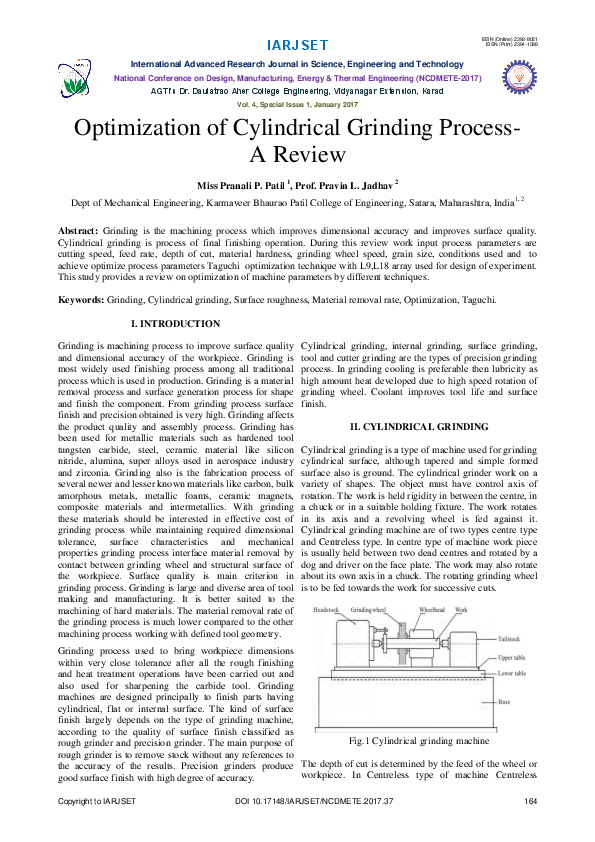 (PDF) Optimization of Cylindrical Grinding Process- A Review