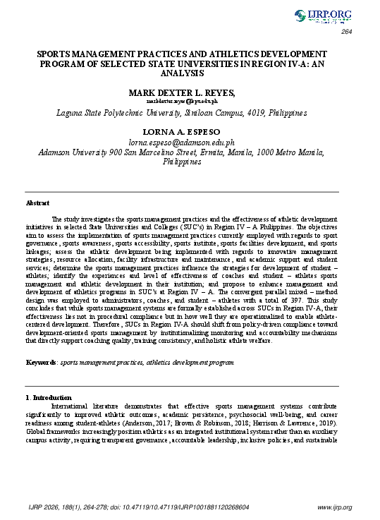 (PDF) SPORTS MANAGEMENT PRACTICES AND ATHLETICS DEVELOPMENT PROGRAM OF ...
