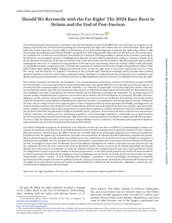 (PDF) Should We Reconcile with the Far Right? The 2024 Race Riots in ...