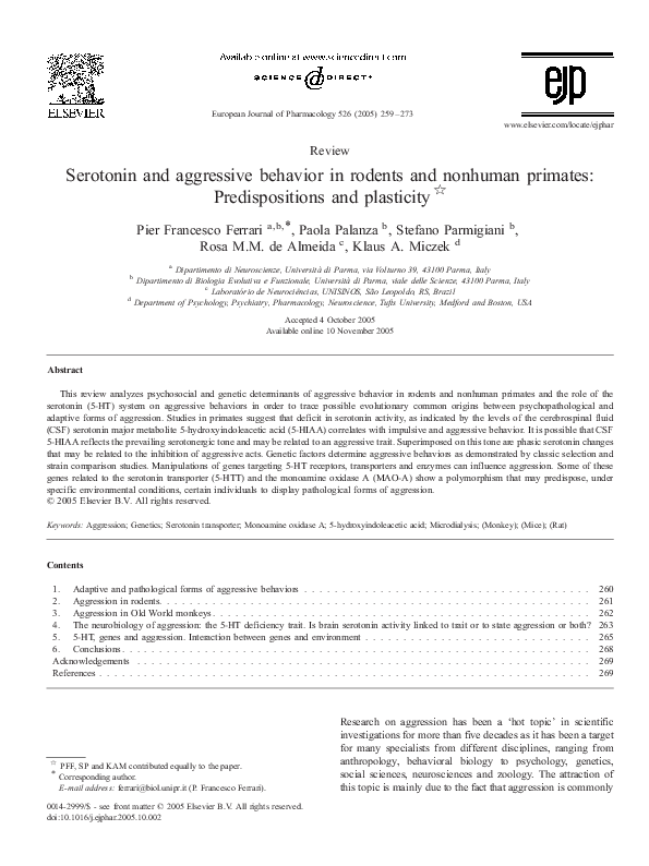 (PDF) Serotonin and aggressive behavior in rodents and nonhuman ...