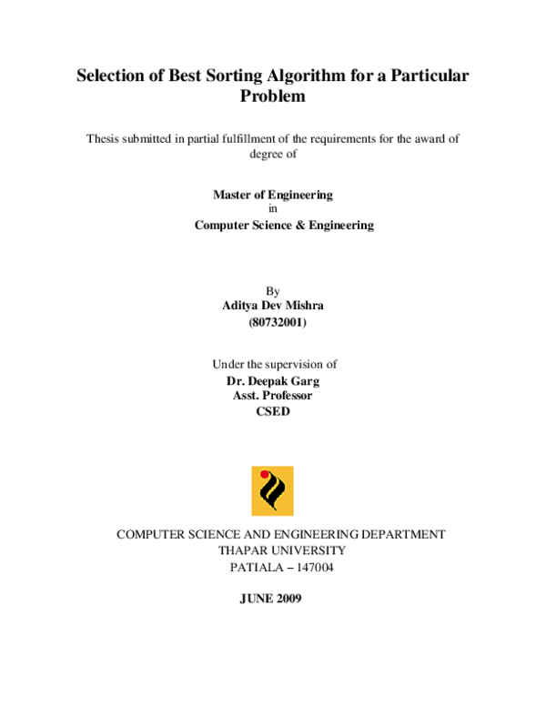 (PDF) Selection of Best Sorting Algorithm for a Particular Problem
