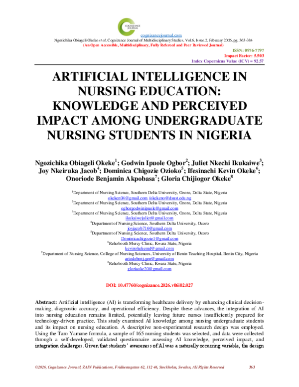 (PDF) ARTIFICIAL INTELLIGENCE IN NURSING EDUCATION: KNOWLEDGE AND ...