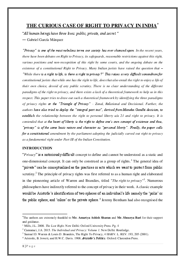(PDF) The Curious Case of Right to Privacy in India