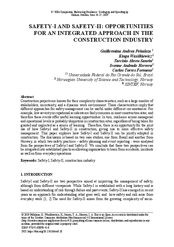 (PDF) Safety-I and safety-II: opportunities for an integrated approach ...