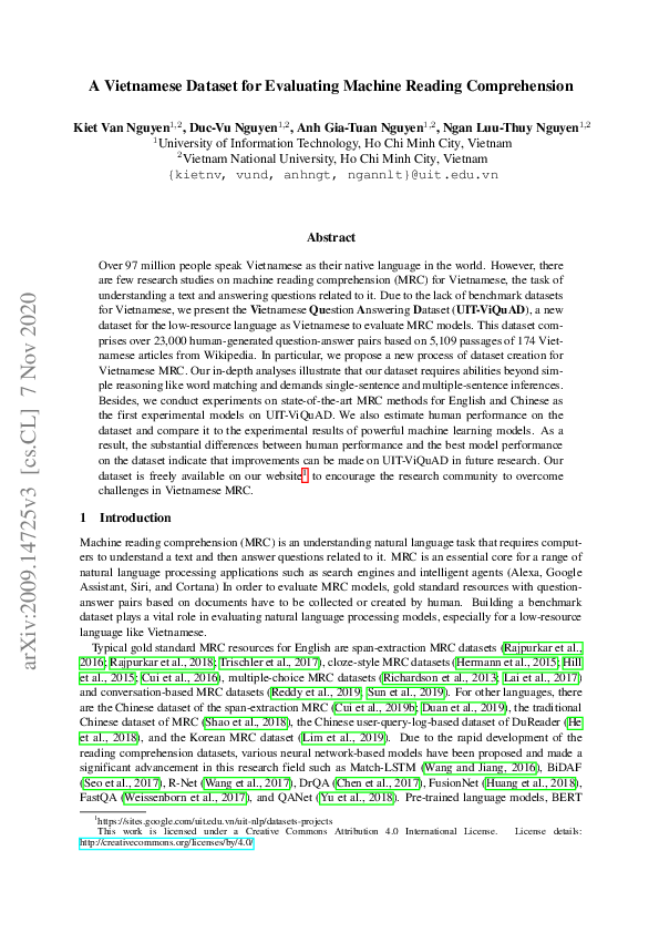 (PDF) A Vietnamese Dataset for Evaluating Machine Reading Comprehension