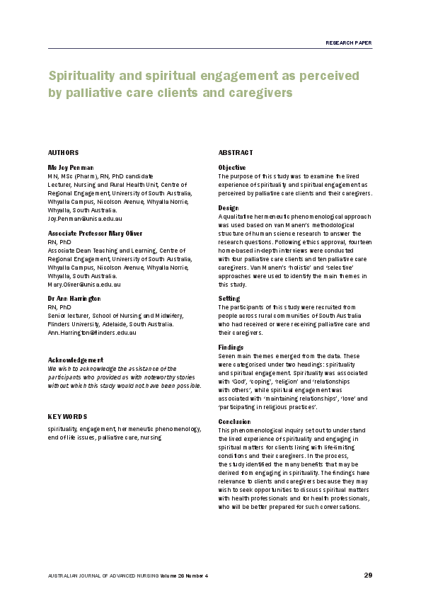 (PDF) Spirituality and spiritual engagement as perceived by palliative ...