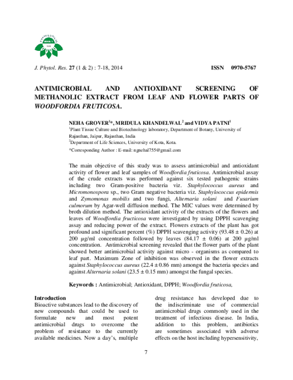 (PDF) Antimicrobial and Antioxidant Screening of Methanolic Extract ...