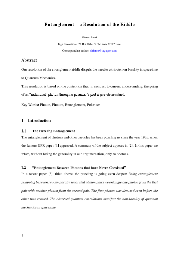 (PDF) Entanglement – a Resolution of the Riddle