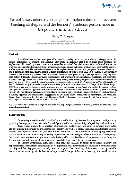(PDF) School-based intervention programs implementation, innovative ...