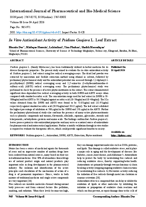 (PDF) In Vitro Antioxidant Activity of Psidium Guajava L. Leaf Extract