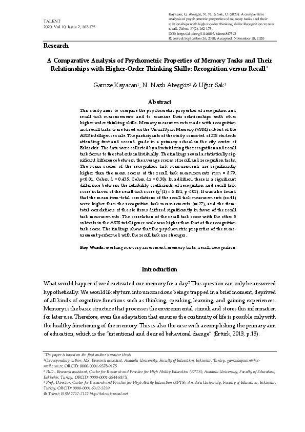 (PDF) A Comparative Analysis of Psychometric Properties of Memory Tasks ...