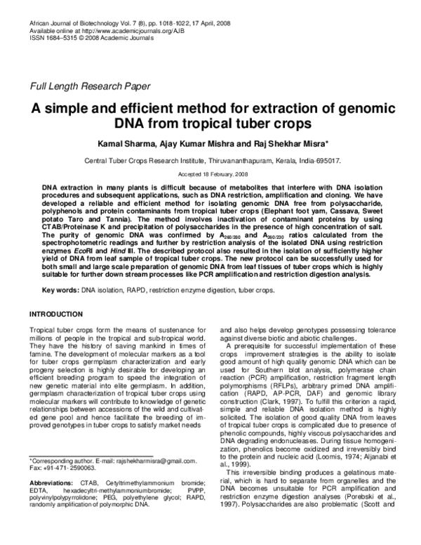(PDF) A simple and efficient method for extraction of genomic DNA from ...
