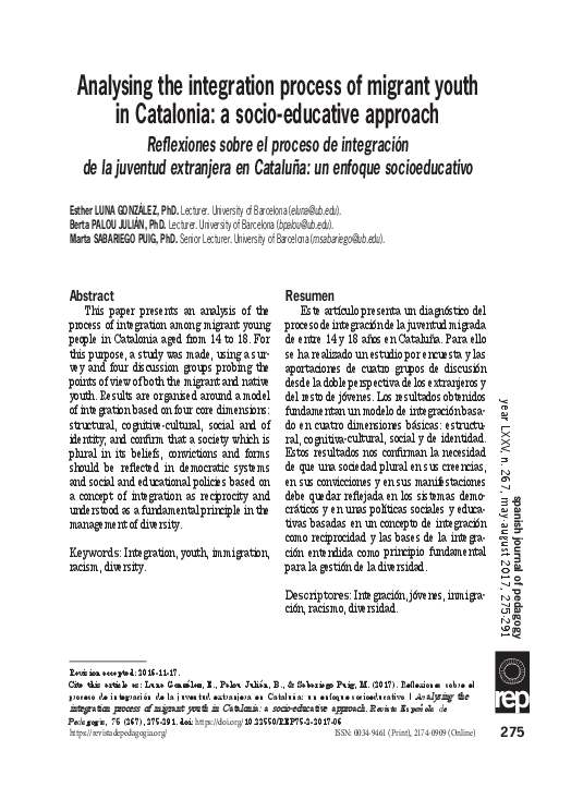 (PDF) Analysing the integration process of migrant youth in Catalonia ...