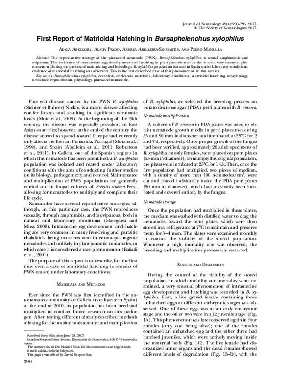(PDF) First Report of Matricidal Hatching in Bursaphelenchus xylophilus